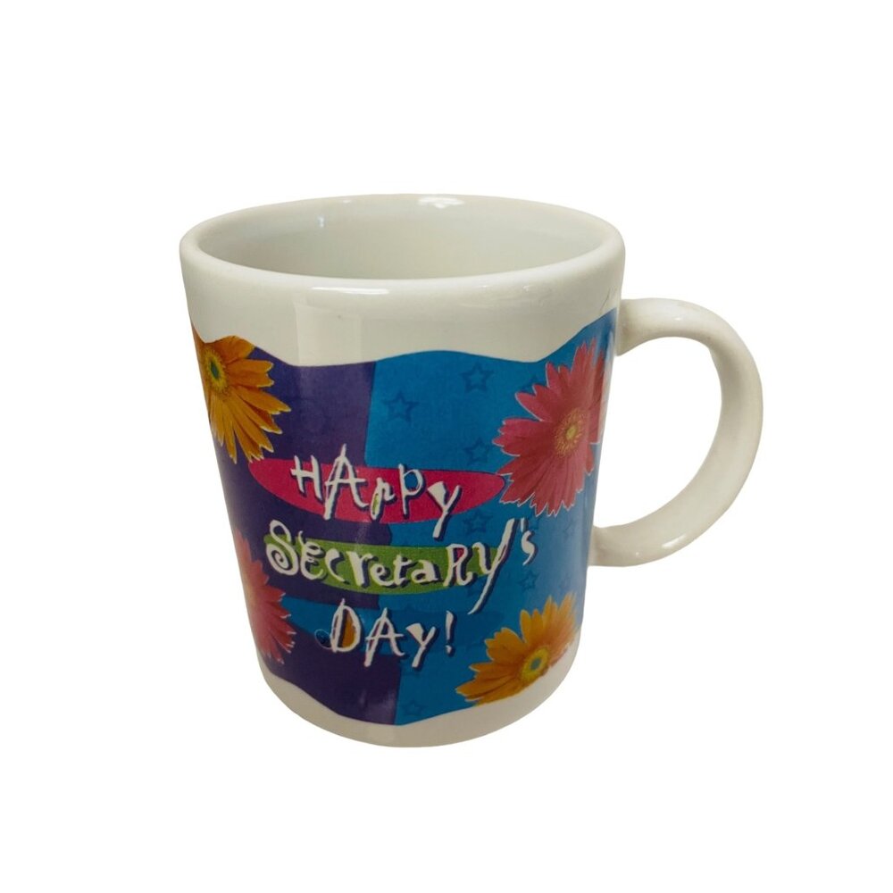 Happy Secretary's Day Mug Floral ‎ Work 11 oz handle Ceramic Blue Yellow Orange
